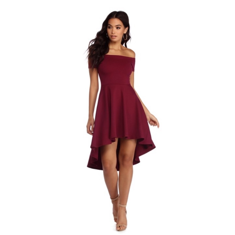 Off The Shoulder Burgundy Skater Dress